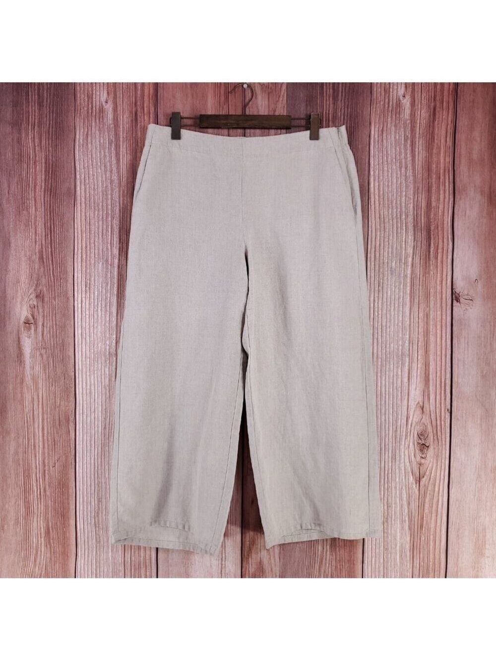 J Jill Love Linen Womens Size Large Jenna Wide Leg Crop Pants Side Zip Beige